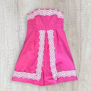 Lilly Pulitzer Betsey Strapless Dress Hibiscus Pink White Lace Trim Size 2